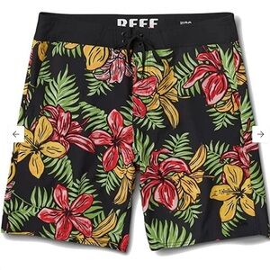 REEF Men's Floral Swim Shorts - Black, Red, Yellow